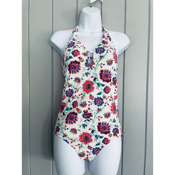 Garnet Hill Signature High-Neck Lattice One-Piece Swimsuit 6 Floral Print - Picture 1 of 6